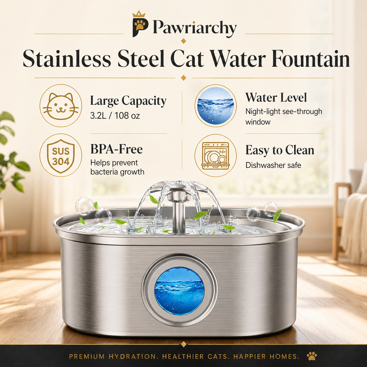 The Royal Hydration Unit™ — 3.2L Stainless Steel Pet Water Fountain