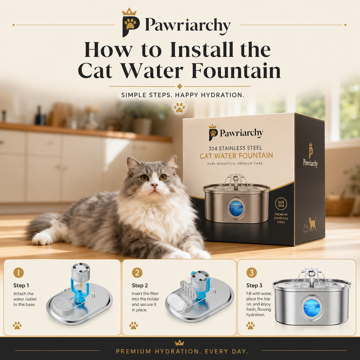 The Royal Hydration Unit™ — 3.2L Stainless Steel Pet Water Fountain