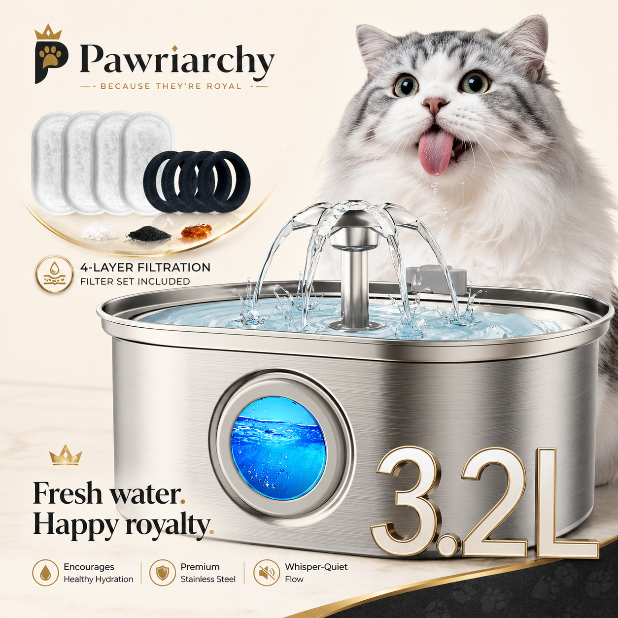 The Royal Hydration Unit™ — 3.2L Stainless Steel Pet Water Fountain