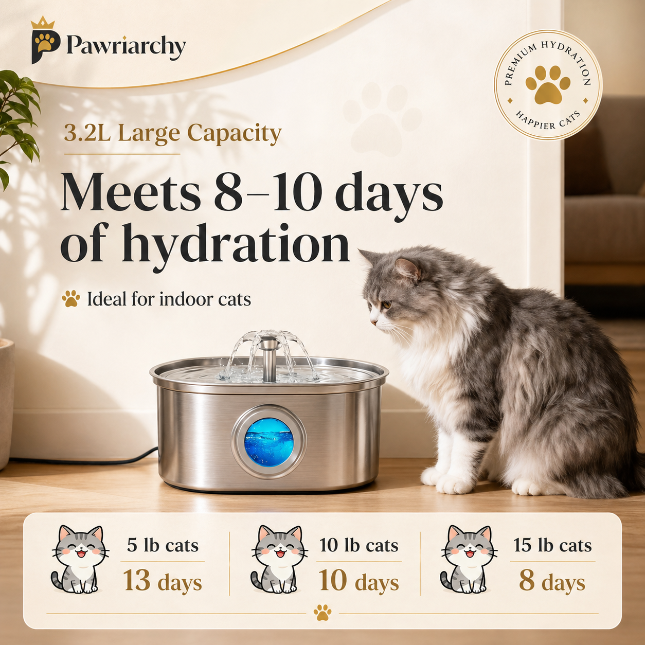 The Royal Hydration Unit™ — 3.2L Stainless Steel Pet Water Fountain